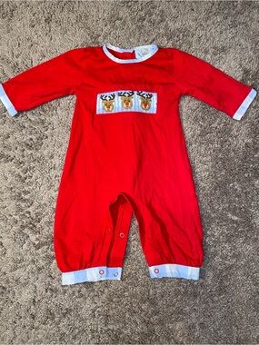 Busy Bee Smocks NB Red Christmas Romper Smocked Reindeer